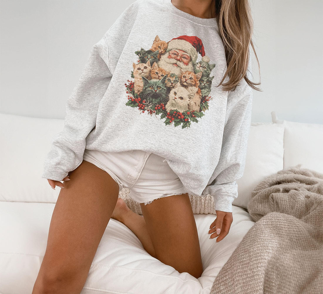 Retro Santa Claus & Kittens Christmas Winter Sweatshirt