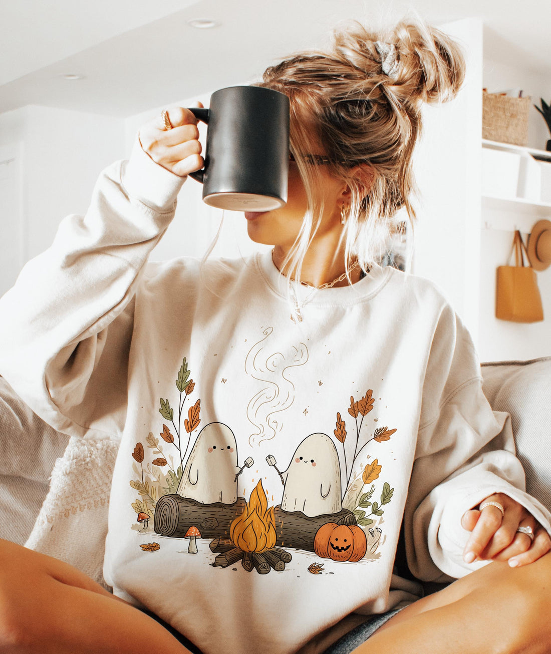 Funny Cute Ghost Cozy Camping Halloween  Sweatshirt