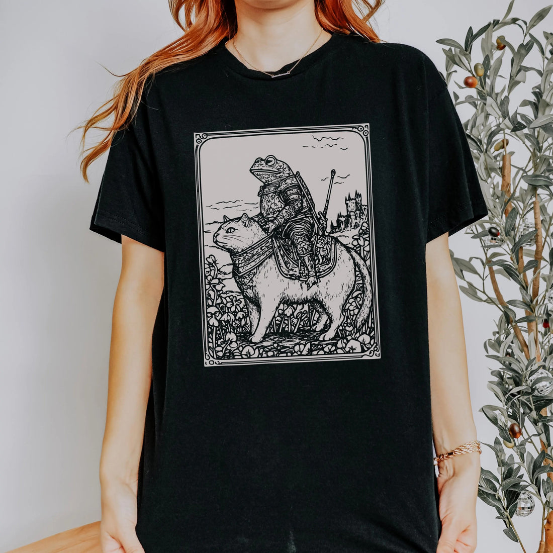 Medieval Frog on Cat Tapestry t-shirt - Weird Stuff, Weirdcore clothing, Goblincore linocut, Funny Meme Shirt