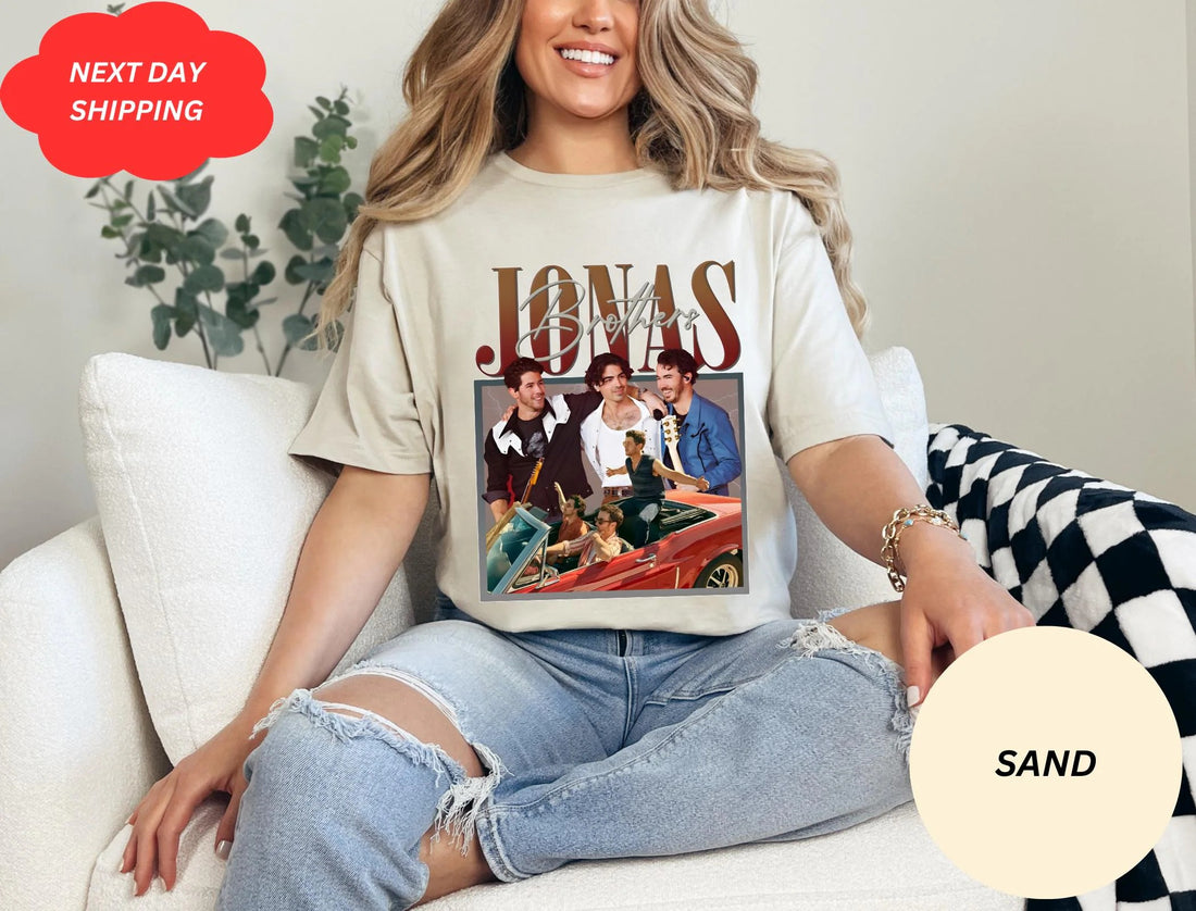 Jonas Brothers retro car tee, band reunion shirt, 90s boyband merch