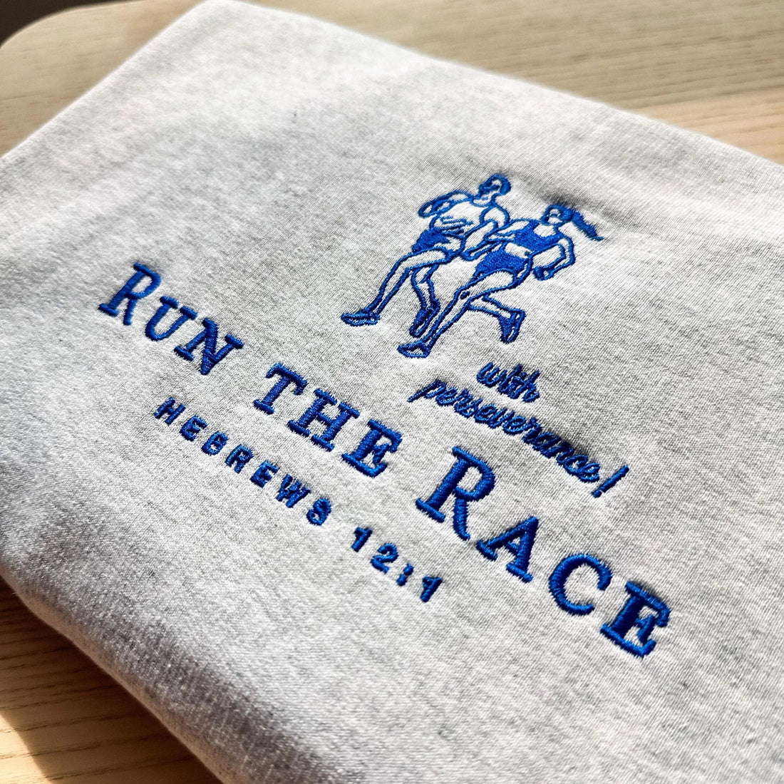Run the Race | vintage Christian Sweatshirt embroidered, Bible Verse Crewneck, inspirational Religious Sweater gift, retro sport pullover