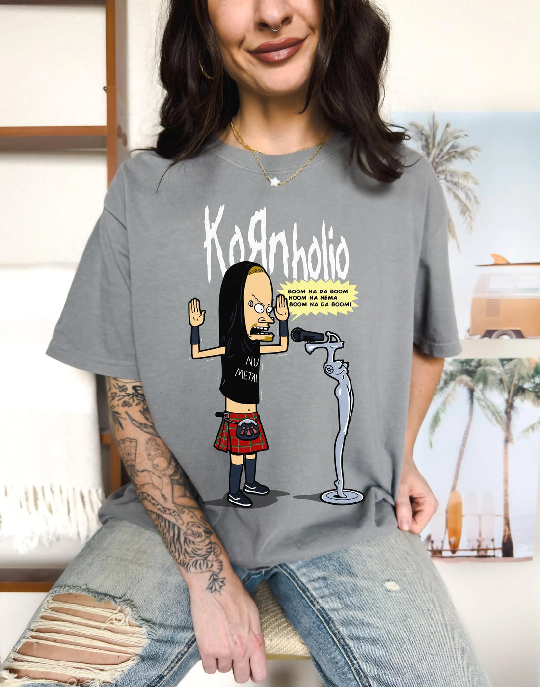 Kornholio Graphic Tee T-Shirt for Women Men, trendy retro vintage grunge punk metal rock Blegh Korn band concert shirt