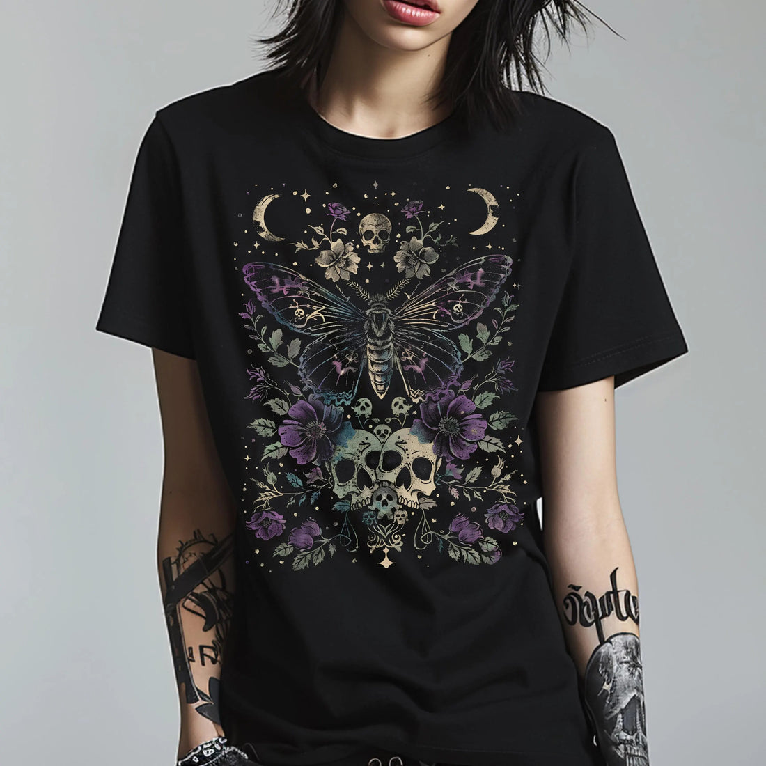 Gothic Luna Moth T-Shirt: Witchy Floral Skull, Dark Academia