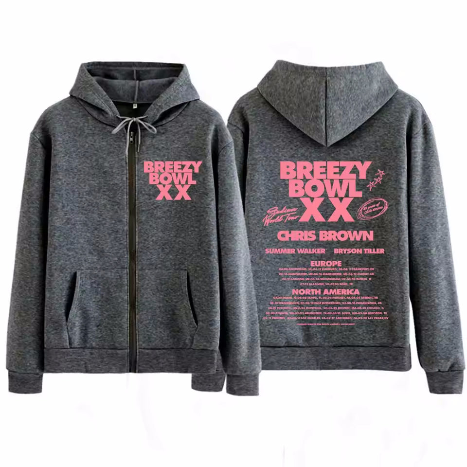Rapper Chris Brown Breezy Bowl XX Tour 2025 Pink Zipper Hoodie