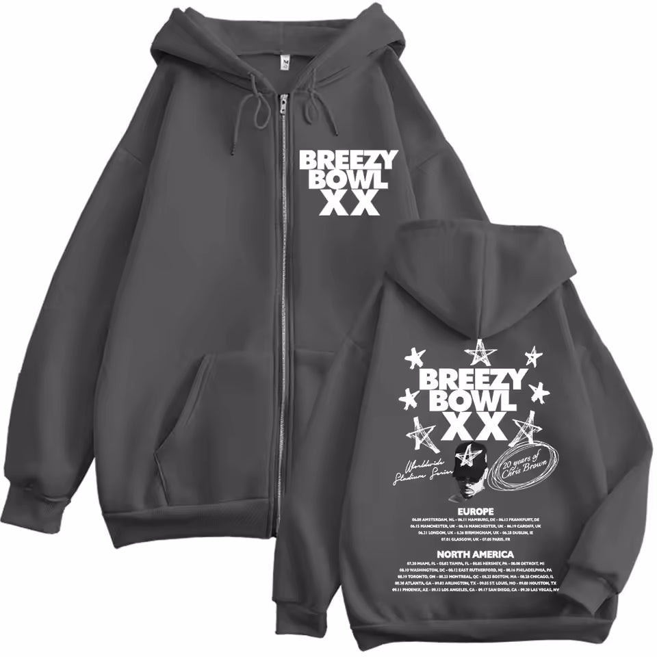 Chris Brown Black Breezy Bowl XX 2025 Tour Zipper Hoodie