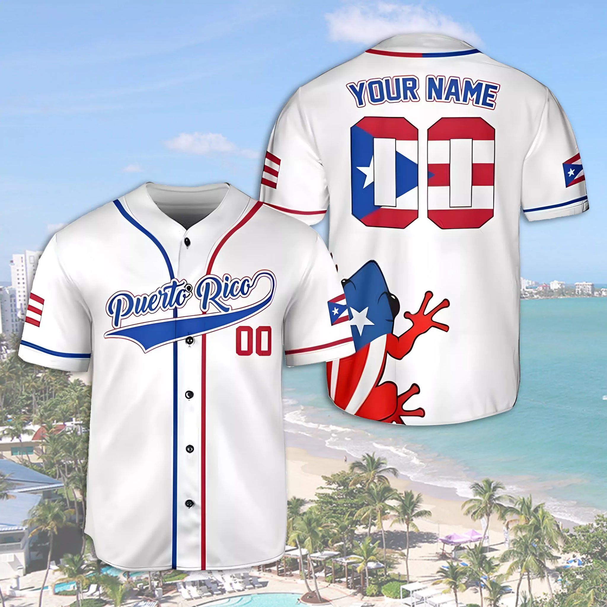 Personalized Name Puerto Rico Flag & Frog Baseball Jersey